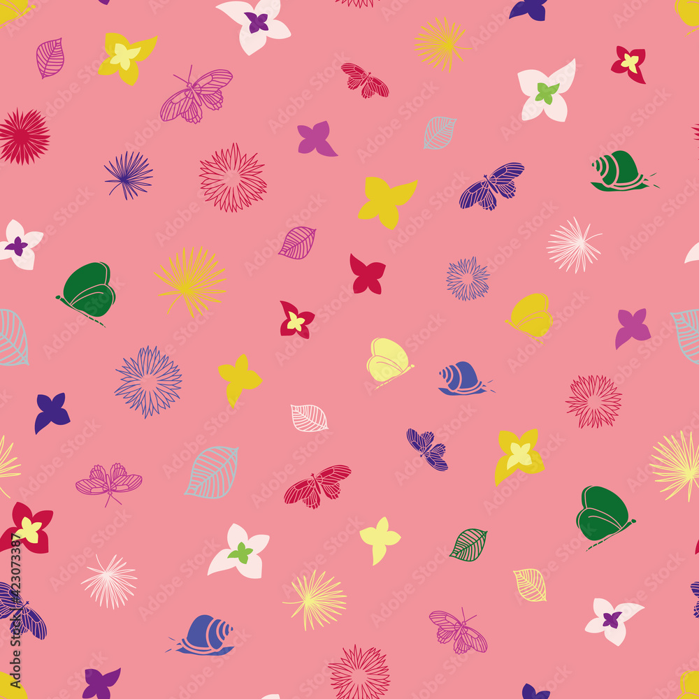 Vector pink butterflies and flowers pattern background