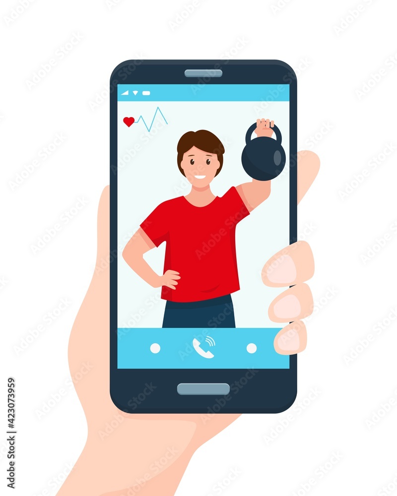 Smartphone with fitness trainer on the screen. Smartphone with fitness trainer on the screen.