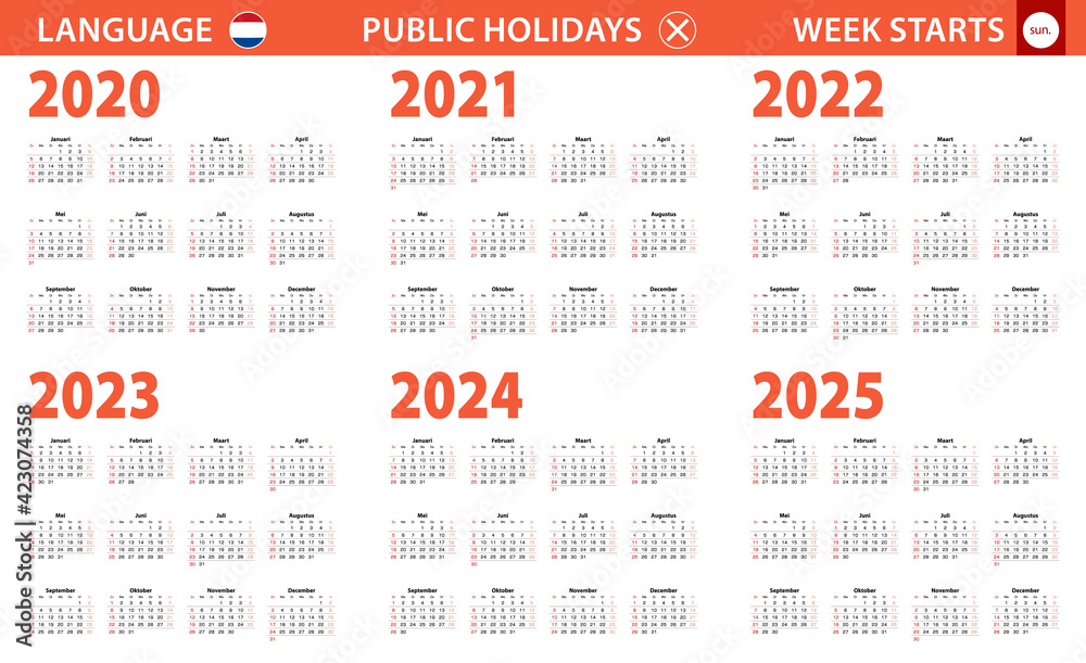 2020-2025 year calendar in Dutch language, week starts from Sunday