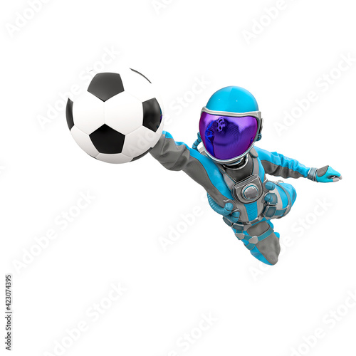 Fototapeta Naklejka Na Ścianę i Meble -  astronaut girl is playing football as a goalkeeper close up view