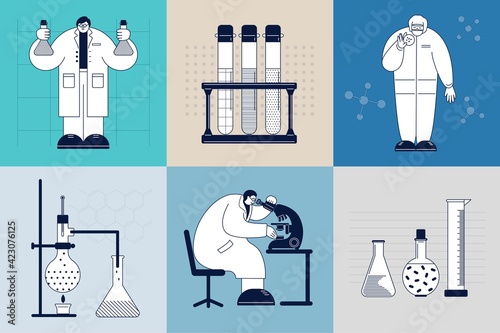 Science laboratory concept set with biochemical and medical research staff and experiment equipment on abstract background. Isolated flat vector illustration in modern minimalistic style.