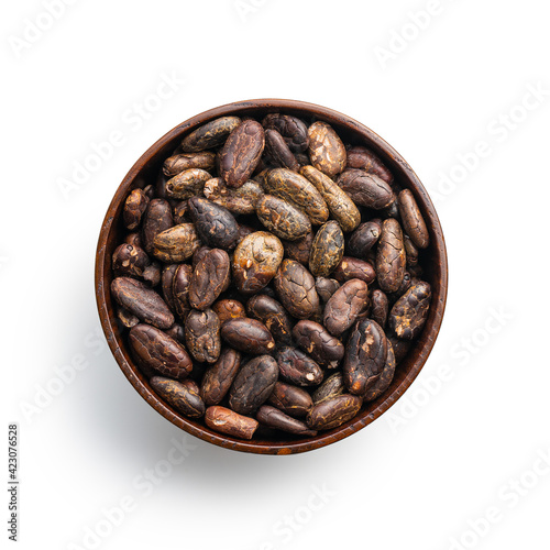 Roasted cocoa beans in bowl