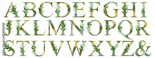 green gold leaves alphabet