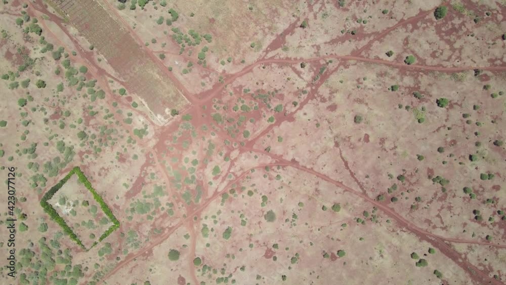 Drought landscape of kenya without rain. Poor access roads of Kenya desert, drone view-aerial view. Climate change crisis