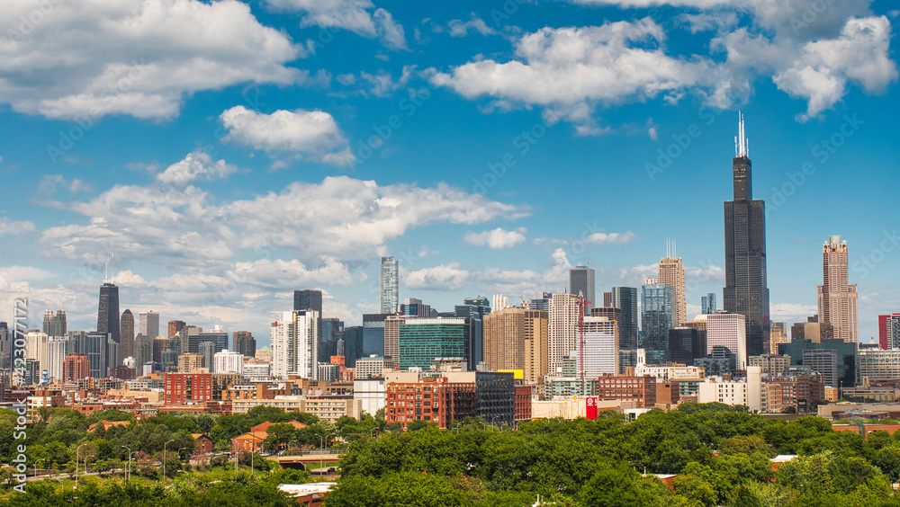 Chicago summer city skyline with clouds in sky