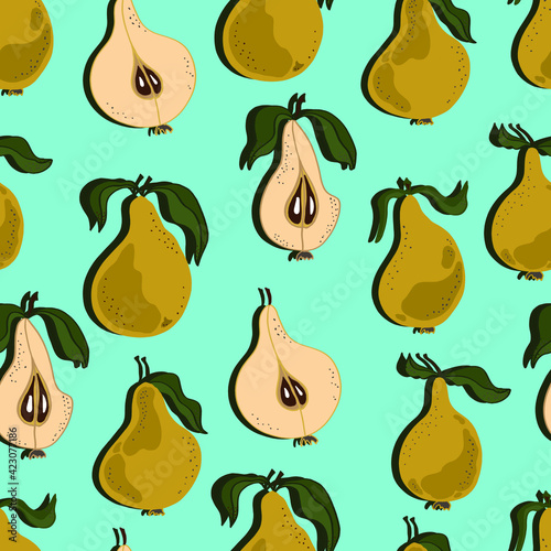 Pears with leaves, whole and chopped. Pear  seamless pattern. Background for wallpaper, fabric, paper, scrapbooking, menu and packaging
