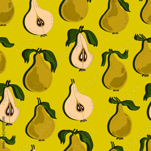 Pears with leaves, whole and chopped. Pear  seamless pattern. Background for wallpaper, fabric, paper, scrapbooking, menu and packaging