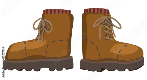 Hiking boots, tourism, travel, outdoor adventure shoes, expedition. Hand drawn vector doodle illustration. Colorful cartoon clipart isolated on white. Element for design, print, decor, card, sticker.