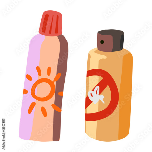 Sunscreen and insecticide. Travel equipment, vacation, tourism, hiking kit. Hand drawn vector illustration. Colored clipart isolated on white. Cartoon style. Doodle for design, print, card, sticker.