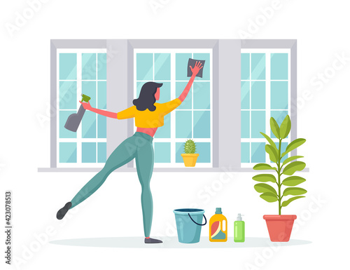 Woman washing window with rag in room. Home chores, housekeeping. Maid doing housework. Vector illustration