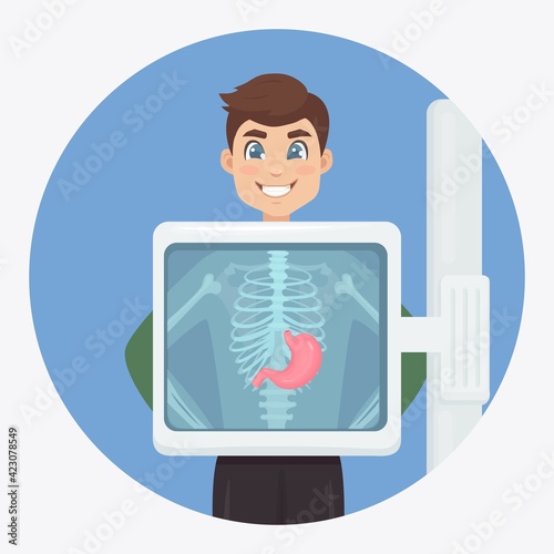 X-ray machine for scanning human body. Roentgen of chest bone. Ultrasound of the stomach. Medical examination for surgery. Vector illustration