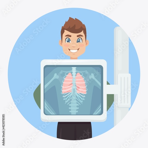 X-ray machine for scanning human lungs. Roentgen of chest bone. Diagnosis of cancer, tuberculosis, pneumonia. Medical examination of respiratory infections for surgery. Vector illustration