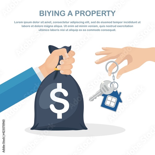 Buying real estate. Hand gives home key to other hand with money cash. Vector illustration