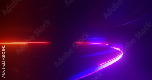 Light trails in tunnel. abstract background with glowing lines, Dynamic lights shape in motion on dark background. 3D rendering 