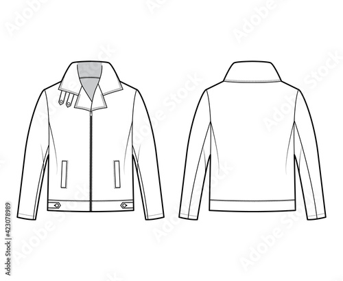 Foto Zip-up Bomber leather jacket technical fashion illustration with tabs, oversized, thick collar, long sleeves, welt pockets
