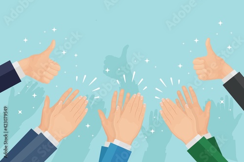 Clap of the hands. Partners clapping. Applause, cheer, thumb up. Good opinion, positive feedback concept. Congratulate with successful deal. Vector illustration