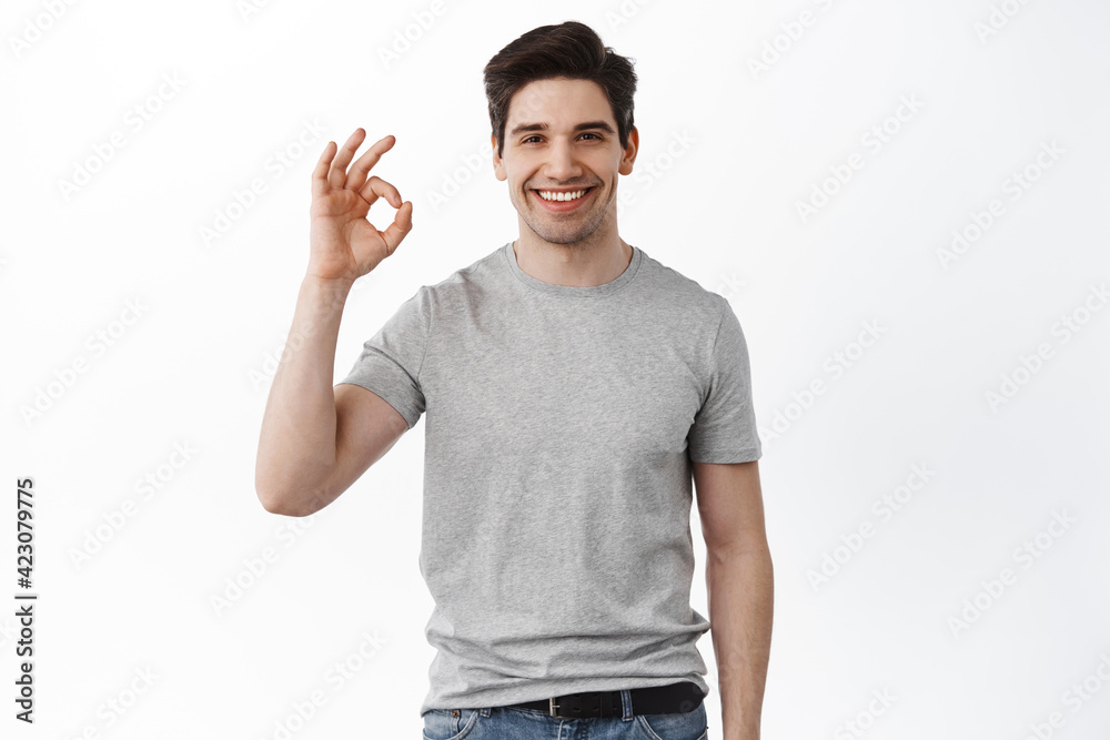 Portrait of a cheerful young man showing okay gesture isolated on the white background