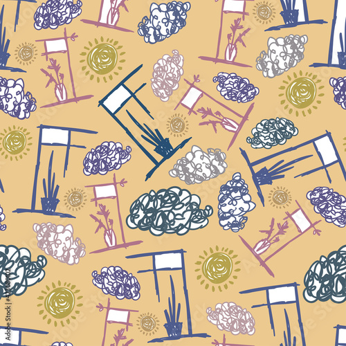 Seamless vector colorful pattern lined sketch of abstract plants, clouds and suns in bright pastel tones. The design is perfect for textiles, backgrounds, wrapping paper, decorations
