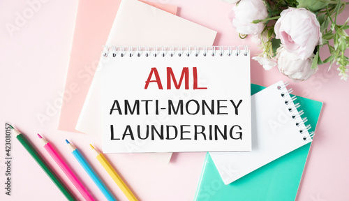 On the table lies a smartphone, a calculator and a notebook with the inscription- AML. Anti-money laundering. Business concept