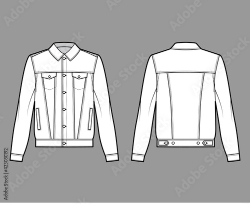 Standard denim jacket technical fashion illustration with oversized body, flap welt pockets, button closure, classic collar. Flat apparel front, back, white color style. Women, men unisex CAD mockup