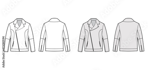 Zip-up biker jacket technical fashion illustration with oversized, front fold-over lapels collar, welt pockets, moto details. Flat coat template back white, grey color. Women men unisex top CAD mockup