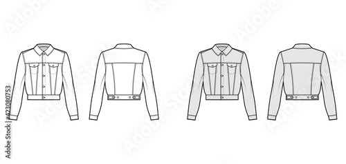 Cropped denim jacket technical fashion illustration with full waist length, button closure, classic collar, long sleeves. Flat apparel front, back, white, grey color style. Women men unisex CAD mockup