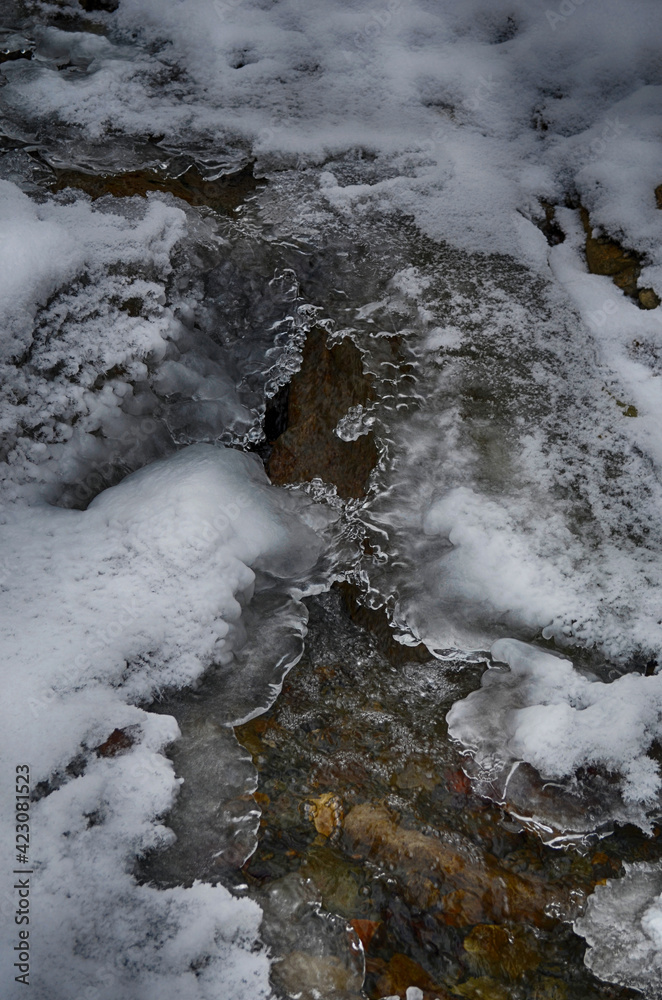 Ice-free little river in winter. Stream of river water. The snow cover. Winter abstract background.