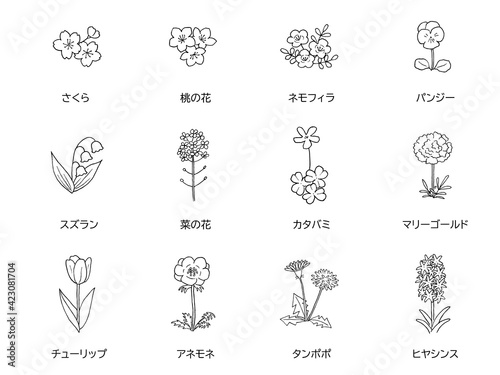 春の花の線画　アイコンセット　モノクロ
