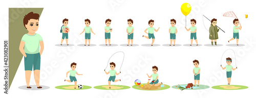 Little boy in various gesture expression poses. Male child shows different emotion set. Cute kid character plays and rejoices, sad and angry, stands and sits. Vector isolated illustration