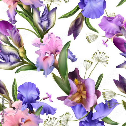 Fototapeta Naklejka Na Ścianę i Meble -  Watercolor Seamless pattern of iris flowers on white background.