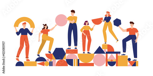 Teamwork, coworking, business partnership concept flat illustration. Characters with abstract geometrical shapes. Diverse people working together. Men and women organize abstract geometric figures