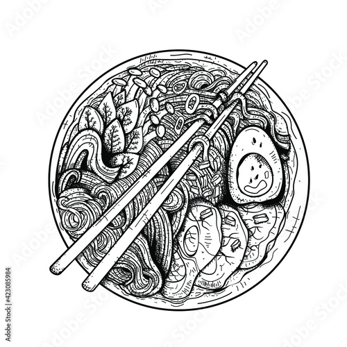 Japanese noodles: ramen, udon, soba.Traditional Japanese, Chinese dish.Sketch.