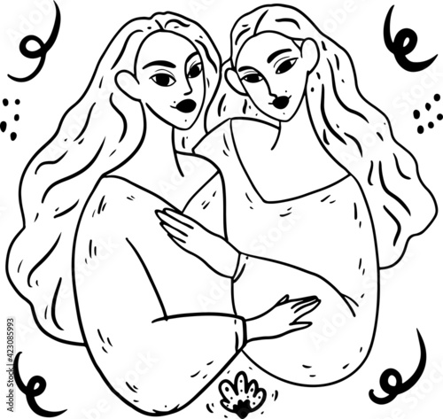 Two girls hug each other. black and white outline, outline drawing. Love, female friendship.
