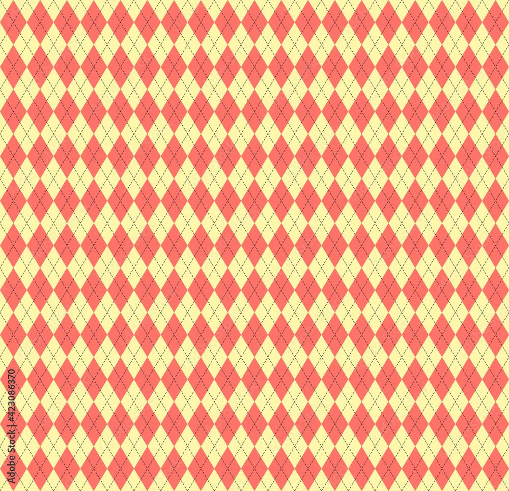 Easter Argyle plaid. Scottish pattern in red and yellow rhombuses. Scottish cage. Traditional Scottish background of diamonds. Seamless fabric texture. Vector illustration Easter Argyle plaid. Scottish pattern in red and yellow rhombuses. Scottish cage. Traditional Scottish background of diamonds. Seamless fabric texture. Vector illustration
