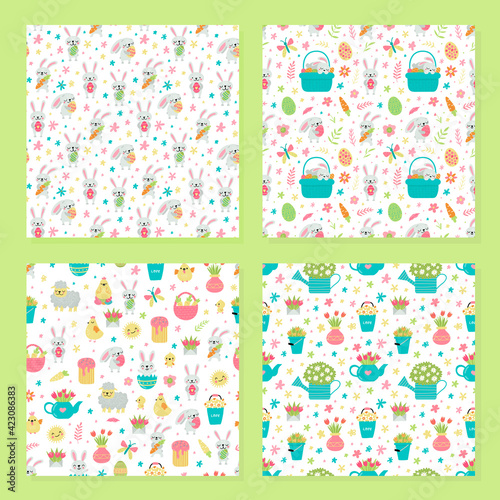 Set of vector seamless pattern for Easter with rabbits and eggs and spring designs.