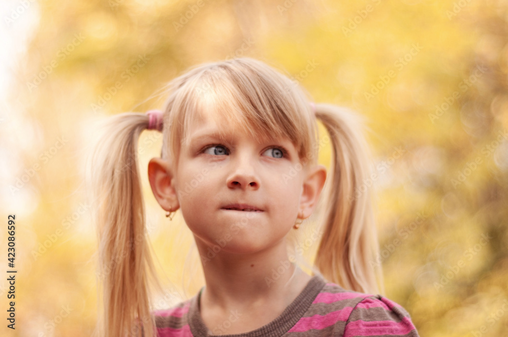Portrait of a girl with blond hair. Pensive girl in the autumn park. Portrait of a girl with blond hair. Pensive girl in the autumn park.