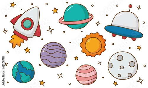 set of space icons. planets cartoon style. isolated on white background. vector illustration.