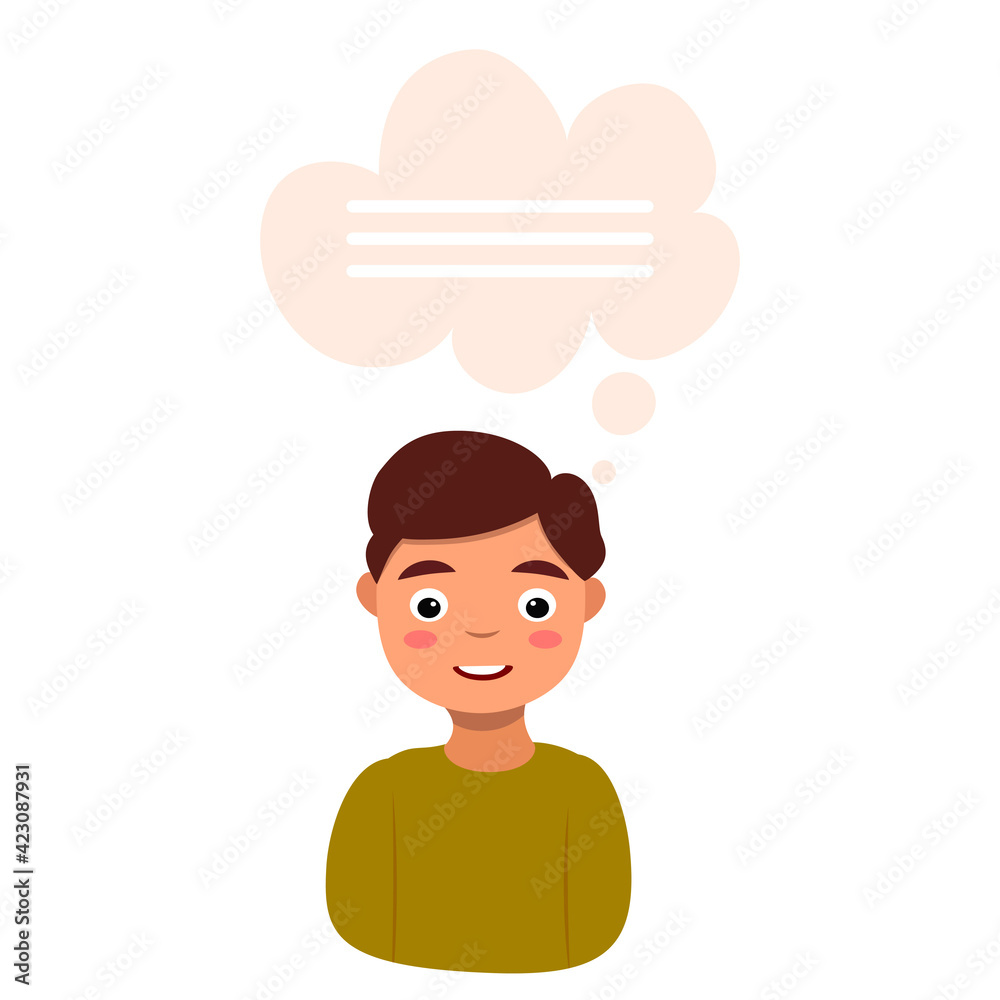 boy flat cartoon character cheerful child face thinking message cloud boy flat cartoon character cheerful child face thinking message cloud