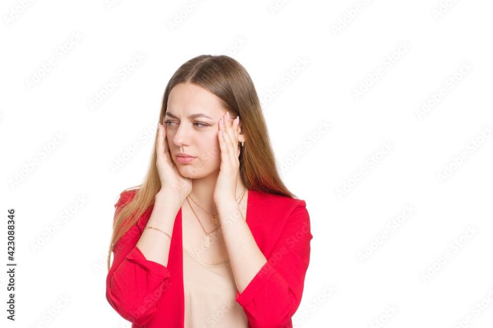 a young woman in a red business suit, beige blouse, with long hair. Isolate on a white background. a young woman in a red business suit, beige blouse, with long hair. Isolate on a white background.