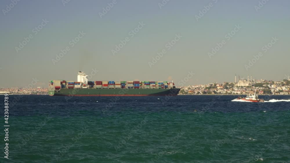 Cargo ship tanker in Bosphorus Strait. Turkey Sea logistic