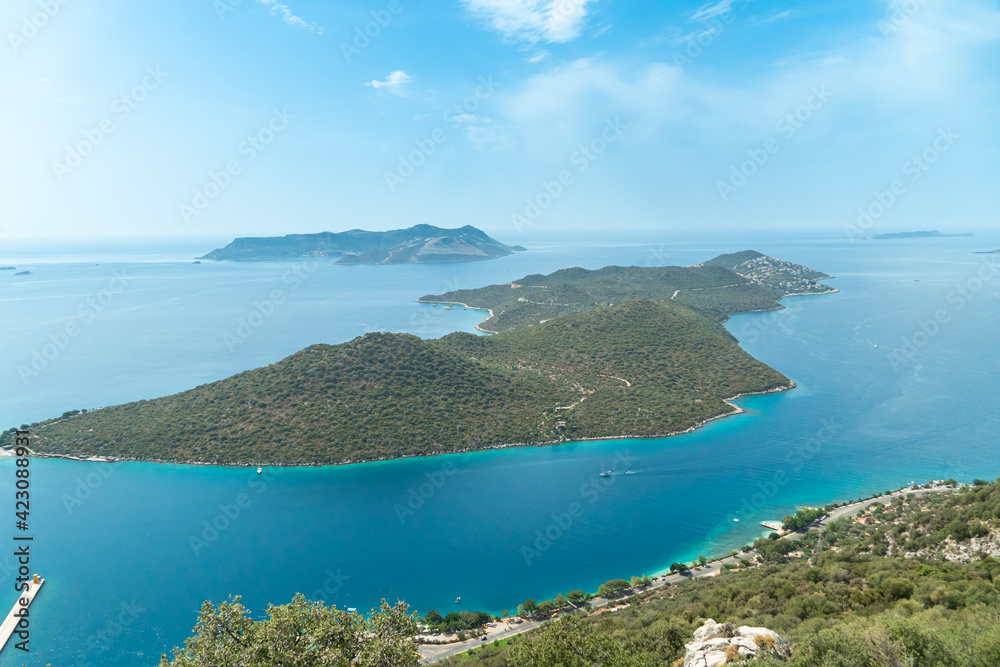 Aerial view of the bay of Kas in Antalya Turkey. Sea and mountains with an open sky