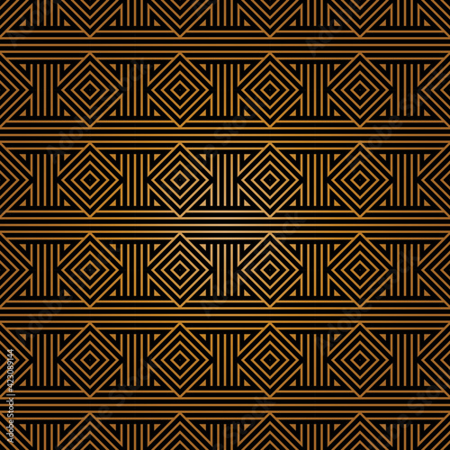 Abstract of vertical stripe of pattern. Design ethnic lines gold on black backgroud. Design print for illustration, texture, wallpaper, background.
