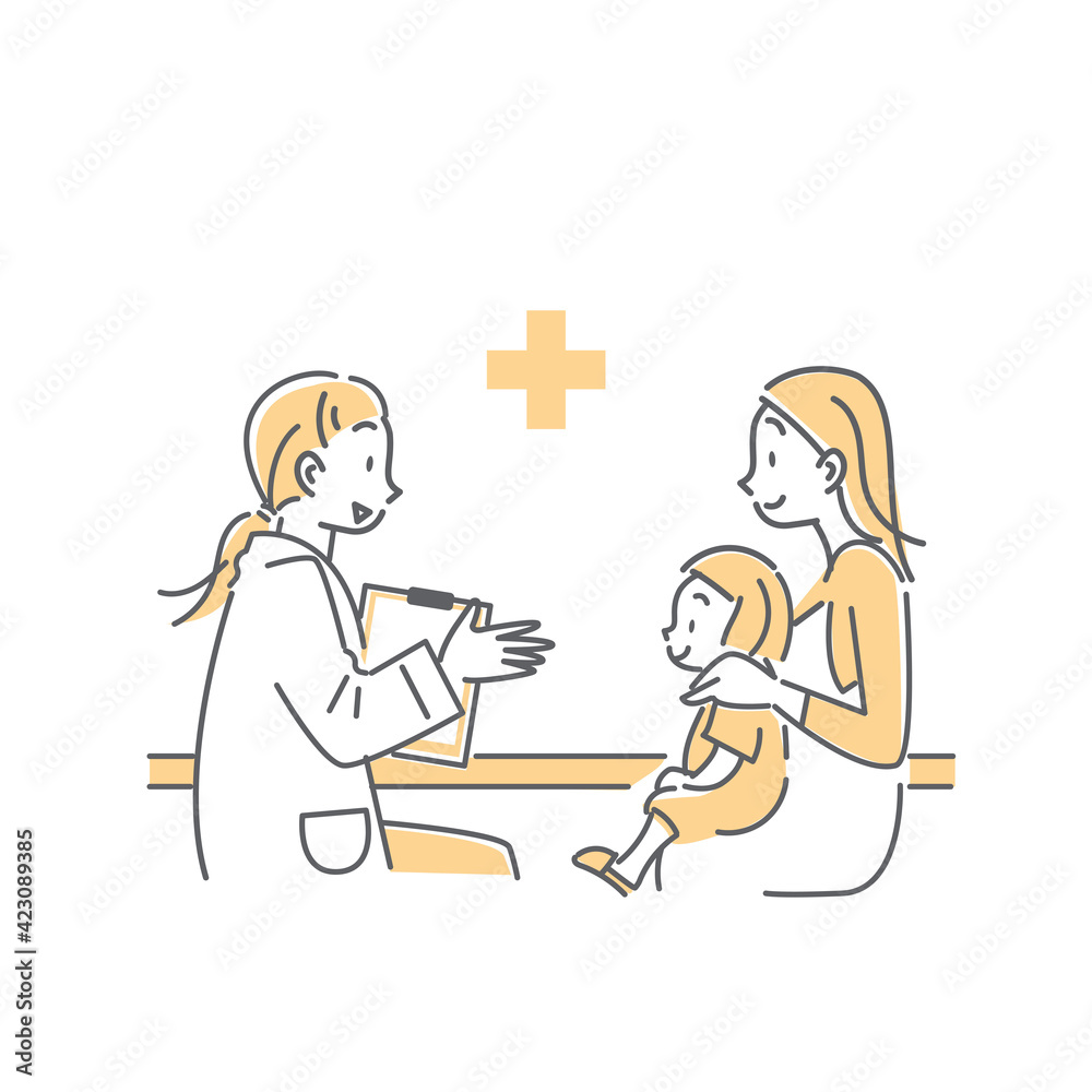 若い女性医師に診察を受ける親子のシンプルでかわいい線画イラスト Stock Vector Adobe Stock