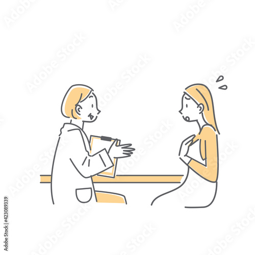 ベテラン医療スタッフにカウンセリングを受ける若い女性のシンプルでおしゃれな線画イラスト