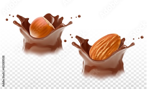Realistic chocolate corona splash with nuts. Vector illustration isolated on white background. Сan easily be used for different backgrounds. EPS10.	