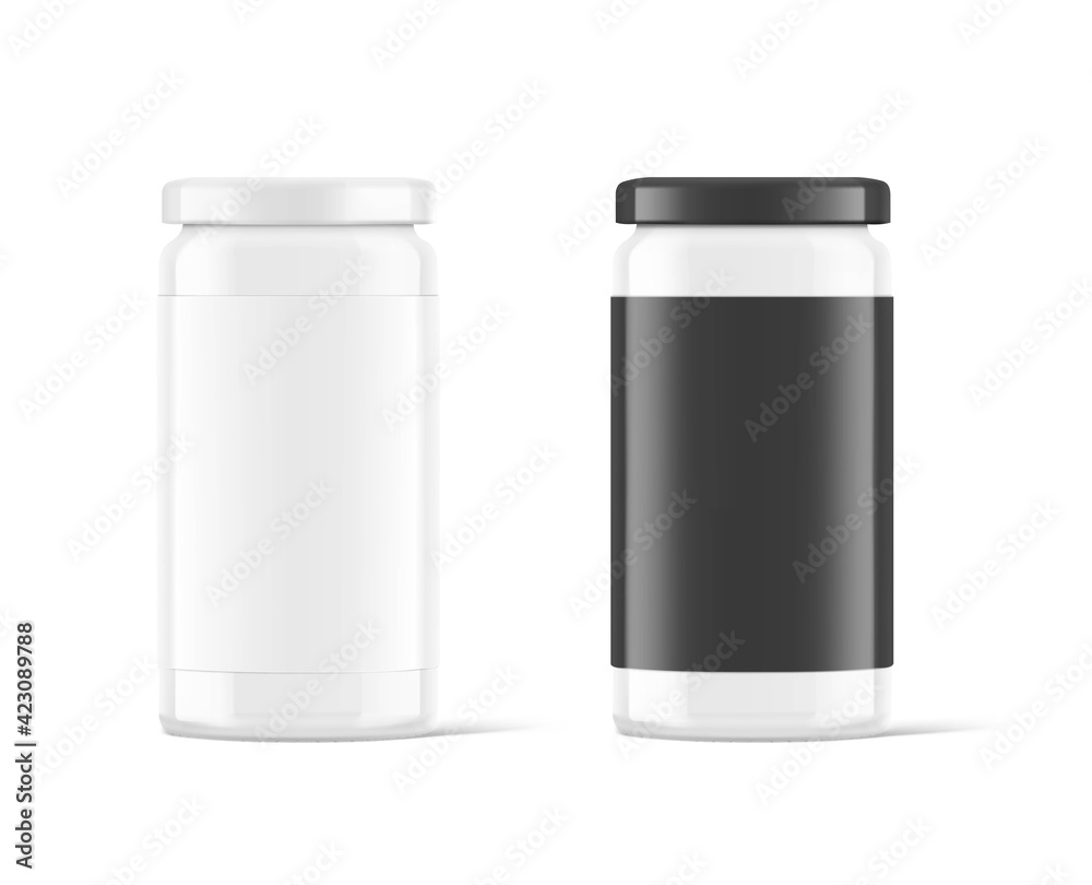 Black and white glass jar mockup isolated on white background. Vector illustration. Front view. Сan be used for food, cosmetic and other needs. EPS10	