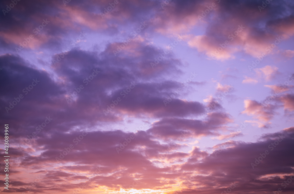 Lilac pink sunset with clouds.