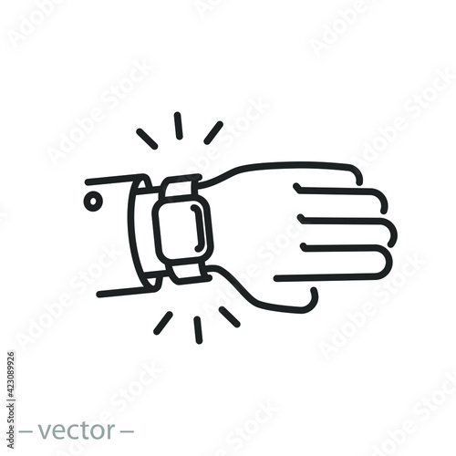 smart watch wearable on the hand wrist, icon, looking time on a wristwatch, business punctuality concept, thin line symbol on white background - editable stroke vector eps10
