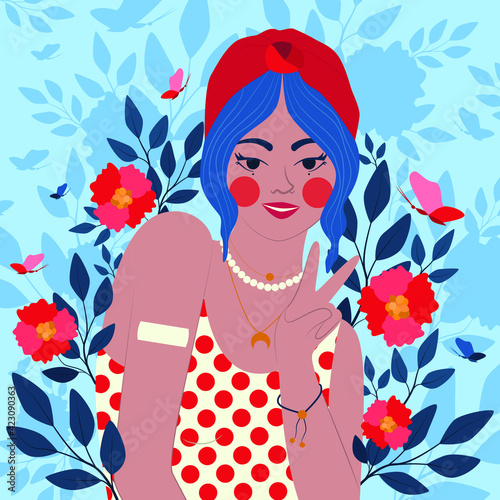 Illustration of a beautiful girl in flowers and butterflies showing vaccinated arm. Character illustration in cartoon style. Bright summer print.