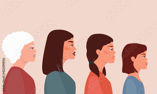 A beautiful older mother, a grandmother and her adult daughter, a little girl in profile look in one direction. The concept of motherhood, friendship, care and love, different generations. Vector.